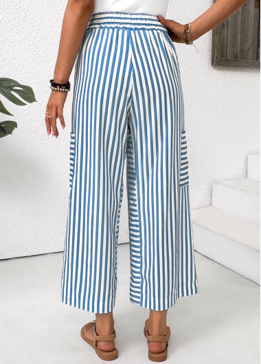 Light Blue bottoms,Striped bottoms,Geometric bottoms,Pocket Striped Light Blue Wide Leg Elastic Waist Pants