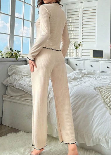 Beige loungewear,Plain Color loungewear,Beige V Neck Long Sleeve Lounge Top and Pants