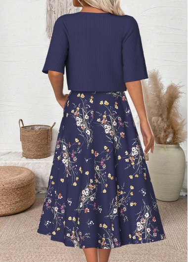 Navy dresses,Floral dresses,Plants dresses,Everyday dresses,Casual dresses,ROTITA Floral Print Navy Round Neck Dress and Cardigan