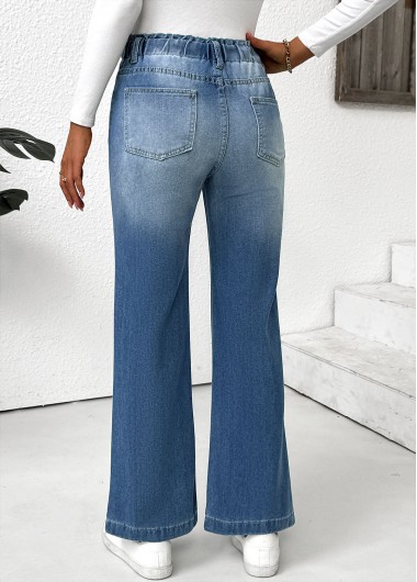 Light Blue bottoms,Plain Color bottoms,Pocket Light Blue Wide Leg Elastic Waist Pants