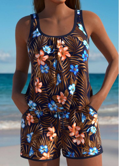 Dark Coffee swimwear,Floral swimwear,Plants swimwear,ROTITA Dark Coffee Floral Print One Piece Swimwear