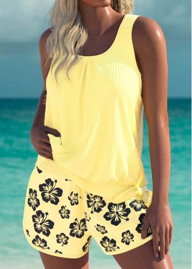 Light Yellow swimwear,Floral swimwear,Plants swimwear,ROTITA Light Yellow Floral Print Mid Waisted Tankini Set