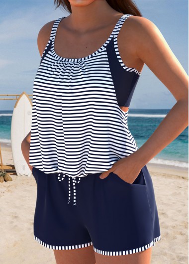Navy swimwear,Striped swimwear,Geometric swimwear,ROTITA Navy Pocket Striped One Piece Swimwear