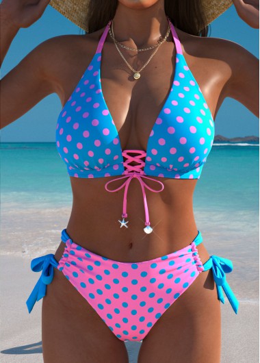 Multi Color swimwear,Dot swimwear,ROTITA Multi Color Polka Dot Mid Waisted Bikini Set