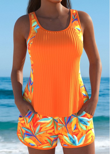 Orange swimwear,Plants swimwear,ROTITA Orange Leaf Print Mid Waisted Tankini Set