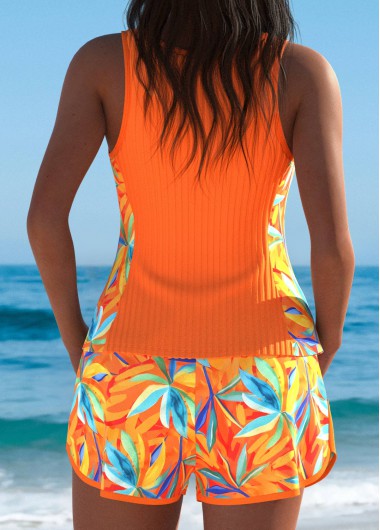 Orange swimwear,Plants swimwear,ROTITA Orange Leaf Print Mid Waisted Tankini Set