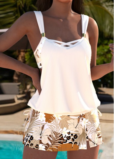 Beige swimwear,Plants swimwear,ROTITA White Tropical Plants Print Mid Waisted Tankini Set