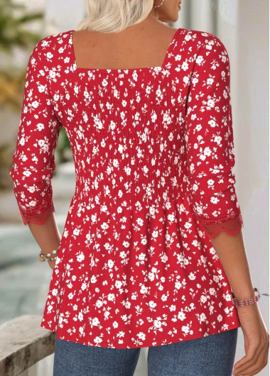 Red tops,Ditsy Floral tops,ROTITA Ditsy Floral Print Red Square Neck Long Sleeve Blouse