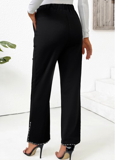 Black bottoms,Plain Color bottoms,Pocket Black Straight Leg Elastic Waist High Waisted Pants