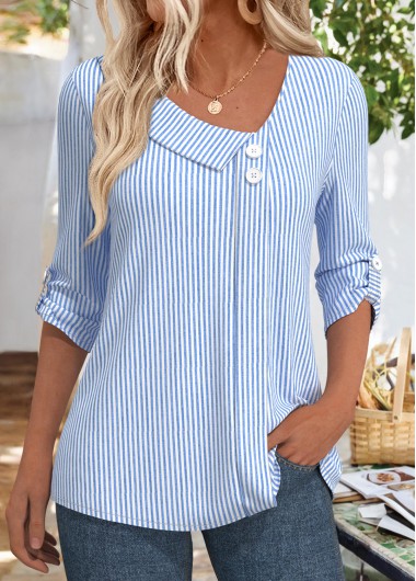 Blue tops,Striped tops,Geometric tops,ROTITA Striped Blue Asymmetrical Neck 3/4 Sleeve Blouse
