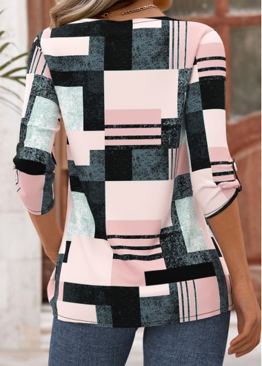 Pink tops,Geometric tops,ROTITA Geometric Print Pink Asymmetrical Neck 3/4 Sleeve Blouse