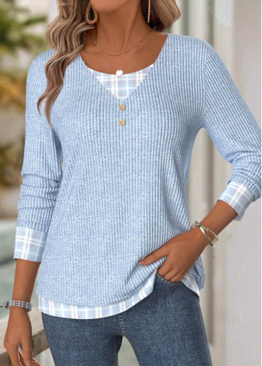 Light Blue tops,Plaid tops,Geometric tops,ROTITA Plaid Light Blue V Neck Long Sleeve T Shirt