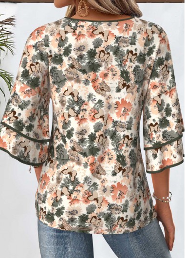 Multi Color tops,Floral tops,Plants tops,ROTITA Floral Print Multi Color 3/4 Sleeve T Shirt