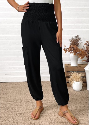 Black bottoms,Plain Color bottoms,Pocket Black Jogger Elastic Waist High Waisted Pants