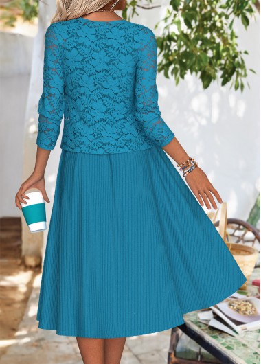 Peacock Blue dresses,Plain Color dresses,Everyday dresses,Casual dresses,ROTITA Peacock Blue Round Neck Long Sleeve Dress and Cardigan