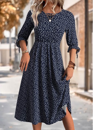 Black dresses,Heart dresses,Everyday dresses,Casual dresses,ROTITA Heart Print Black Round Neck 3/4 Sleeve Dress