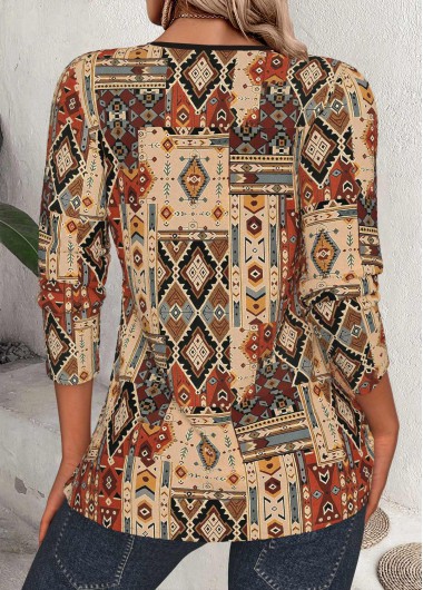 Dark Camel tops,Tribal tops,ROTITA Tribal Print Dark Camel Split Neck 3/4 Sleeve Blouse