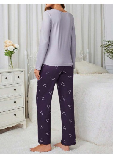 Purple loungewear,Heart loungewear,Heart Print Purple Round Neck Lounge Top and Pants