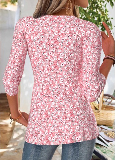 Pink tops,Ditsy Floral tops,ROTITA Ditsy Floral Print Pink V Neck T Shirt
