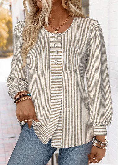 Light Coffee tops,Striped tops,Geometric tops,ROTITA Striped Light Coffee Round Neck Long Sleeve T Shirt