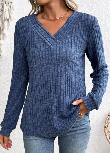 Blue tops,Plain Color tops,ROTITA Blue V Neck Long Sleeve Sweatshirt