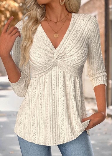 Beige tops,Plain Color tops,ROTITA Beige V Neck 3/4 Sleeve T Shirt
