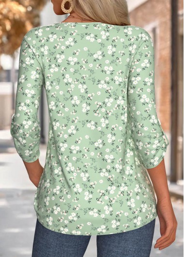 Sage Green tops,Floral tops,Plants tops,ROTITA Floral Print Sage Green V Neck 3/4 Sleeve Blouse