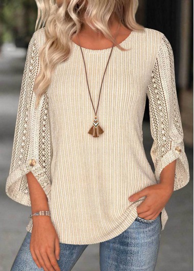 Beige tops,Plain Color tops,ROTITA Beige Round Neck 3/4 Sleeve Blouse