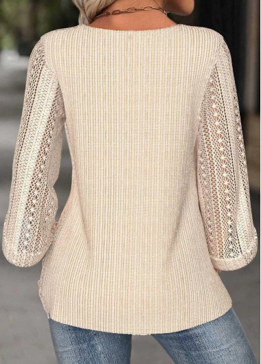 Beige tops,Plain Color tops,ROTITA Beige Round Neck 3/4 Sleeve Blouse