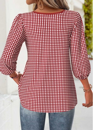 Red tops,Plaid tops,Geometric tops,ROTITA Plaid Red Split Neck 3/4 Sleeve Blouse