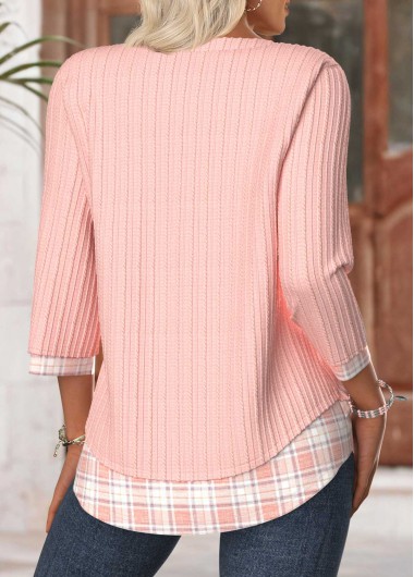 Light Pink tops,Plaid tops,Geometric tops,ROTITA Plaid Light Pink V Neck 3/4 Sleeve T Shirt