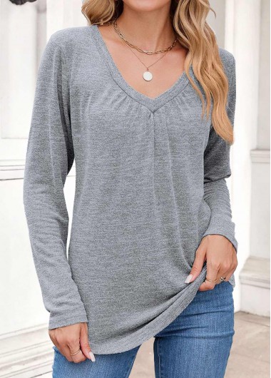 Grey tops,Plain Color tops,ROTITA Tummy Coverage Grey V Neck Long Sleeve T Shirt