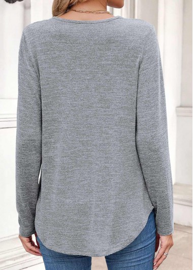 Grey tops,Plain Color tops,ROTITA Tummy Coverage Grey V Neck Long Sleeve T Shirt