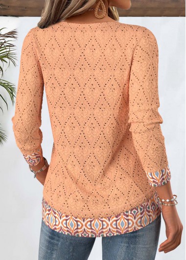 Orange tops,Tribal tops,ROTITA Tribal Print Orange Split Neck Long Sleeve T Shirt