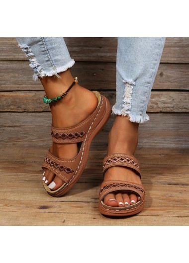 Dark Coffee shoes,Plain Color shoes,Dark Coffee Low Heel Peep Toe Sliders Slippers