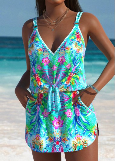 Cyan swimwear,Plants swimwear,ROTITA Cyan Tropical Plants Print One Piece Swimdress