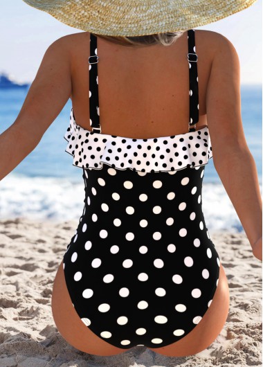 Black swimwear,Dot swimwear,ROTITA Black Polka Dot One Piece Swimwear