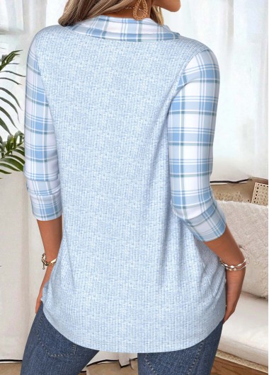 Light Blue tops,Plaid tops,Geometric tops,ROTITA Plaid Light Blue V Neck 3/4 Sleeve T Shirt