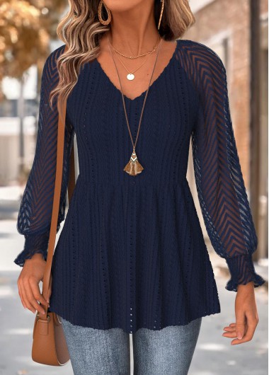 Navy tops,Plain Color tops,ROTITA Peplum Navy V Neck Long Sleeve T Shirt