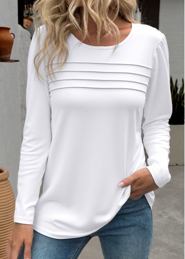 White tops,Plain Color tops,ROTITA White Round Neck Long Sleeve T Shirt