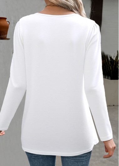 White tops,Plain Color tops,ROTITA White Round Neck Long Sleeve T Shirt