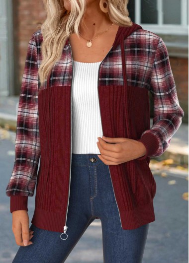 Wine Red tops,Plaid tops,Geometric tops,ROTITA Tummy Coverage Plaid Wine Red Hoodie and Coat
