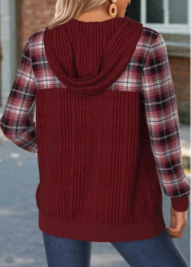 Wine Red tops,Plaid tops,Geometric tops,ROTITA Tummy Coverage Plaid Wine Red Hoodie and Coat