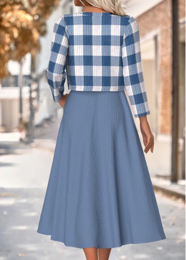 Dusty Blue dresses,Plaid dresses,Geometric dresses,Everyday dresses,Casual dresses,ROTITA Tummy Coverage Plaid Dusty Blue Dress and Cardigan