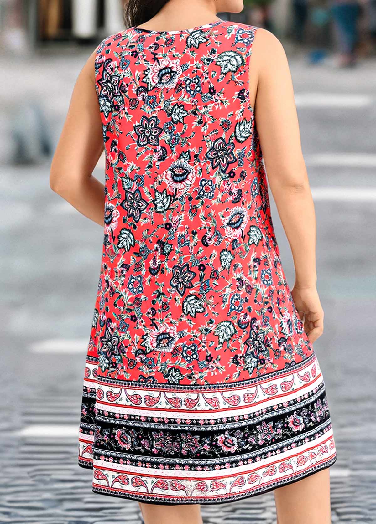Coral plus size,Tribal plus size,ROTITA Plus Size Circular Ring Coral Tribal Print Sleeveless Dress