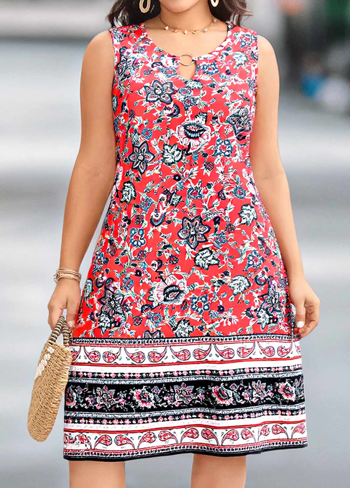 Coral plus size,Tribal plus size,ROTITA Plus Size Circular Ring Coral Tribal Print Sleeveless Dress