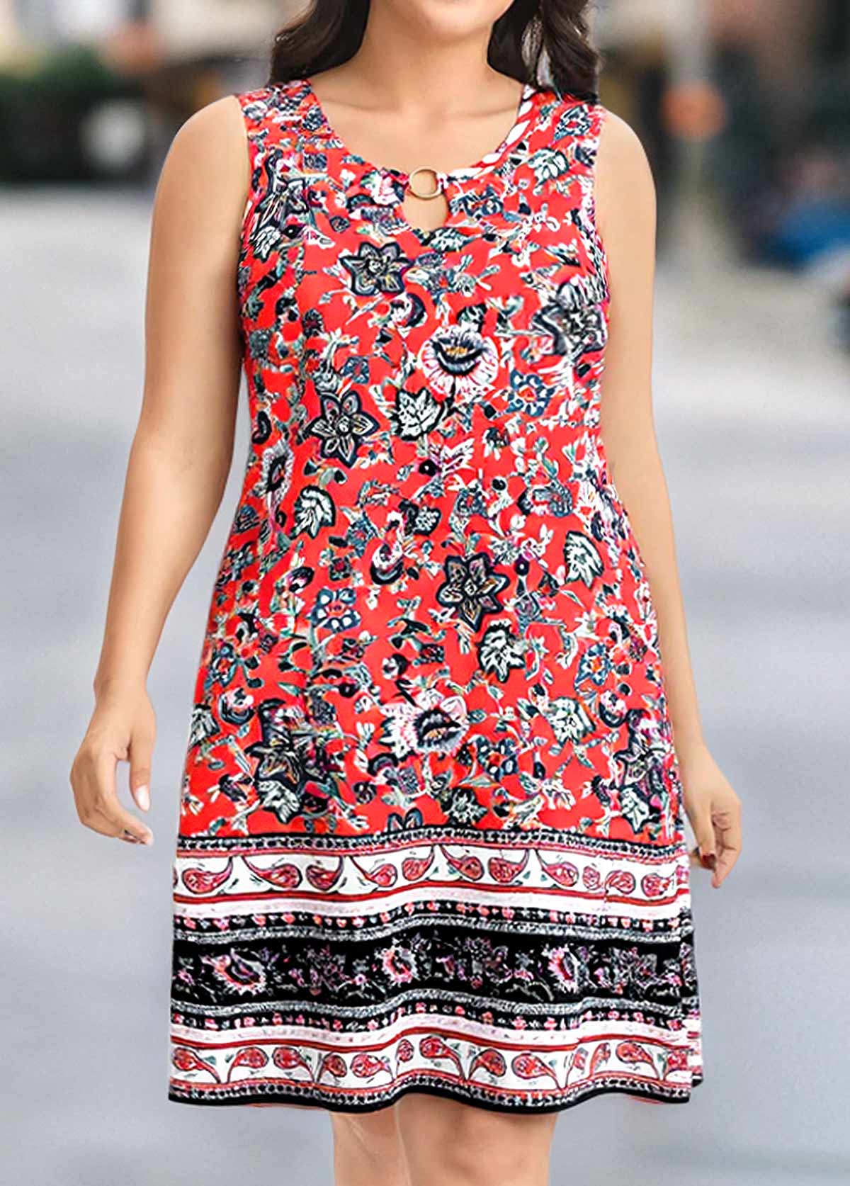 Coral plus size,Tribal plus size,ROTITA Plus Size Circular Ring Coral Tribal Print Sleeveless Dress
