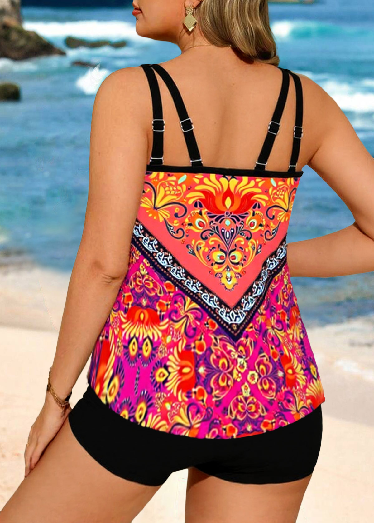 Multi Color swimwear,Tribal swimwear,ROTITA Bowknot Multi Color Tribal Print Tankini Top