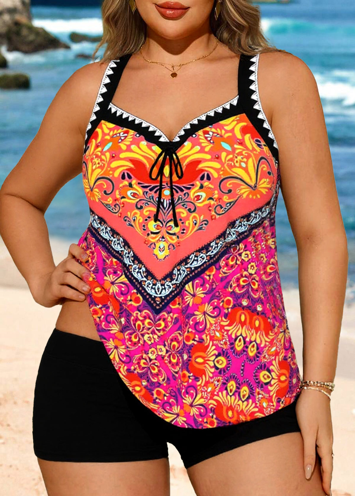 Multi Color swimwear,Tribal swimwear,ROTITA Bowknot Multi Color Tribal Print Tankini Top