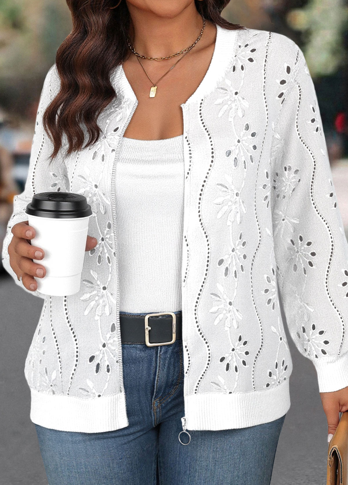 White plus size,Plain Color plus size,ROTITA Plus Size Jacquard White Stand Collar Track Jacket